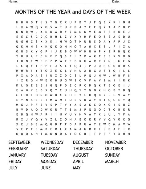 Days Of The Week And Months Of The Year Word Search Wordmint