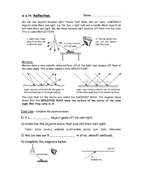 Light, Reflection and Refraction - Worksheet. | PDF