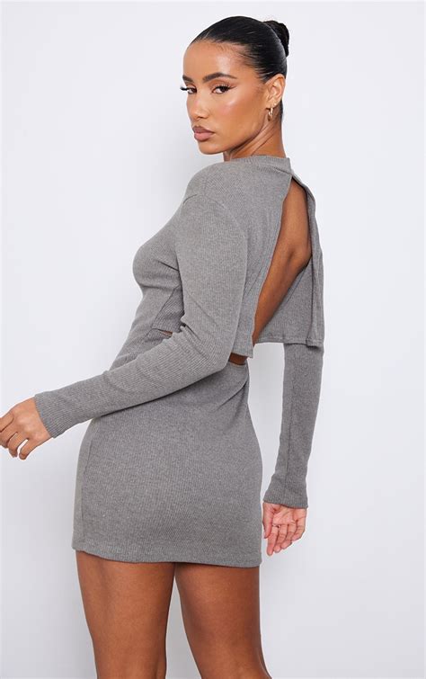 Grey Rib High Neck Open Back Bodycon Dress Prettylittlething