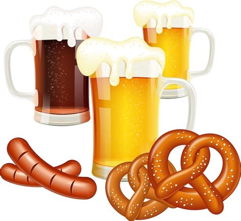 Concepto De Oktoberfest Con Vasos De Cerveza Pretzels Y Salchichas