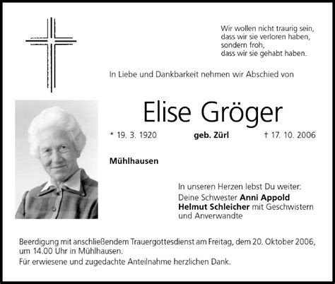 Elise Gröger Traueranzeige trauer inFranken de