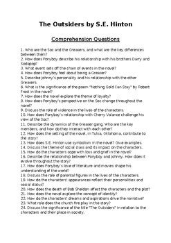 The Outsiders By S E Hinton Reading Comprehension Questions Test