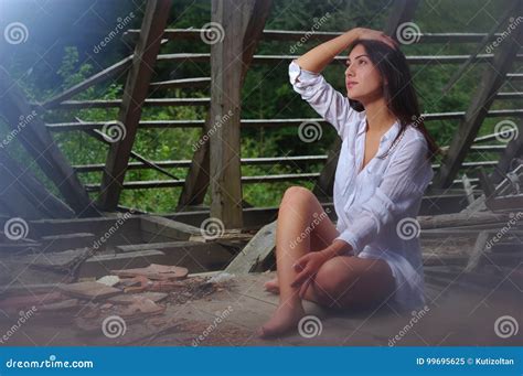 Brunette Beauty In The Abandoned Attic Stock Image Image Of Attic