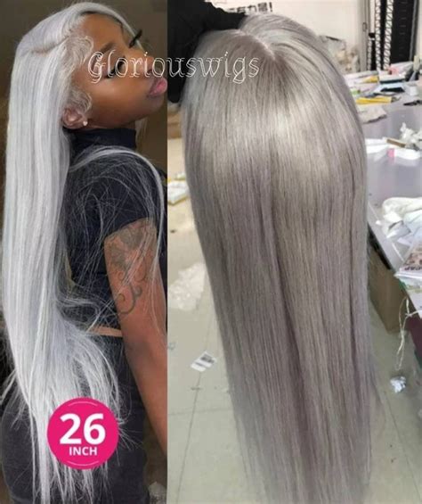 Human Hair Silver Grey Straight Glueless Lace Front Wig Brazilian