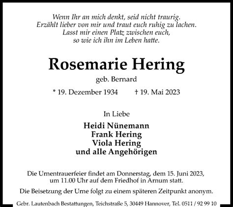 Traueranzeigen Von Rosemarie Hering Trauer Anzeigen De