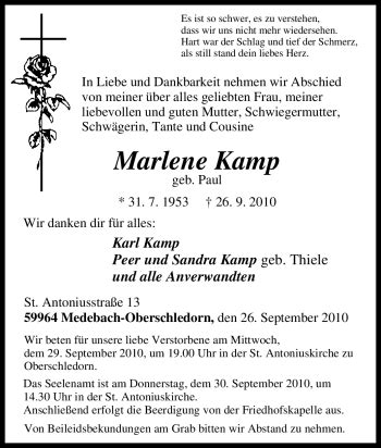 Traueranzeigen Von Marlene Kamp Trauer In Nrw De