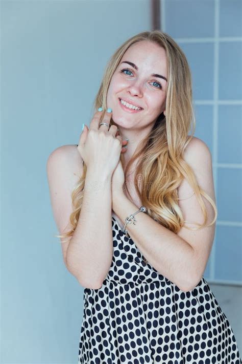 Beautiful Blonde Woman In Polka Dot Summer Dress Stock Photo Image Of Glamour Beauty