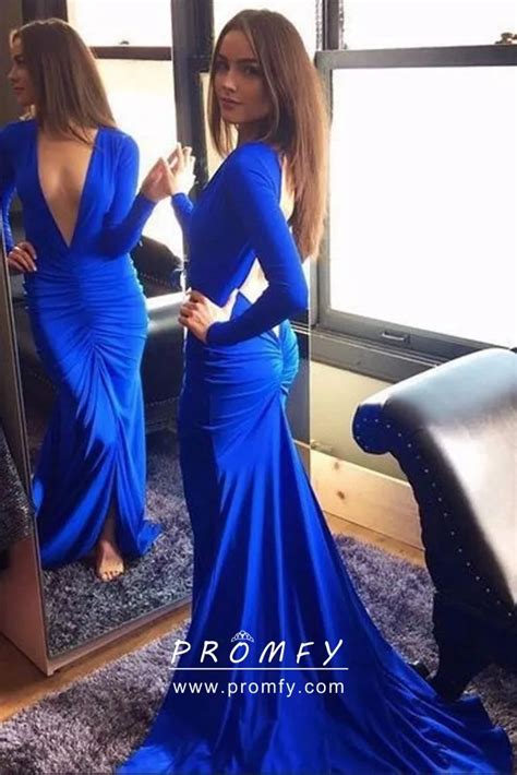 Sexy Royal Blue Pleated Jersey Plunging V Neckline Long Sleeve Prom