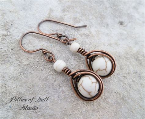 Wire Wrapped Earrings Handmade Copper Jewelry Earthy White