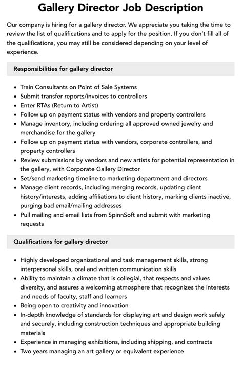 Gallery Director Job Description Velvet Jobs