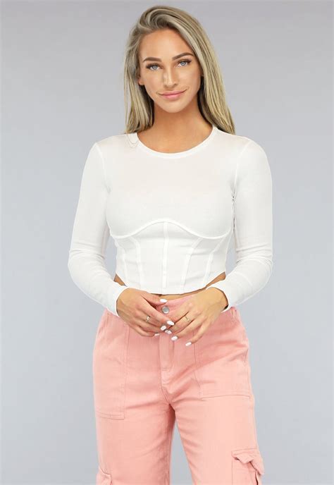 Rib Gebreide Witte Longsleeve Top Met Korset Detail Uwantisell Nl