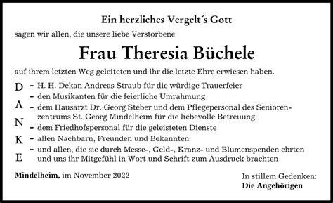 Traueranzeigen Von Theresia B Chele Augsburger Allgemeine Zeitung