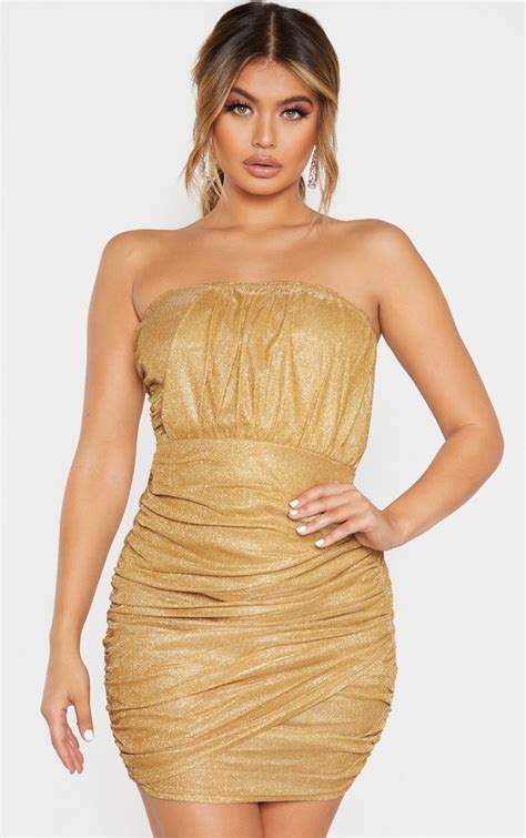 Gold Glitter Bandeau Bodycon Dress Dresses Prettylittlething Usa