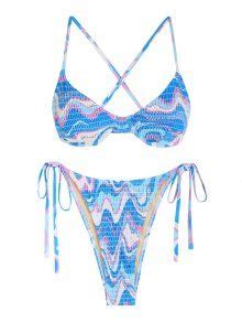 Zaful Smocked Wave Print Underwire Criss Cross String Bikini Swimwear