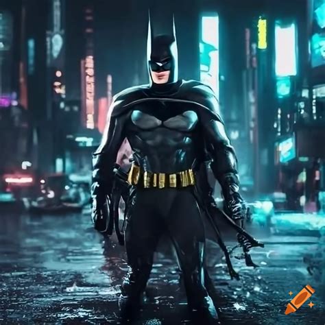 Photorealistic Depiction Of Batman On A Cyberpunk Motorbike In A Rainy