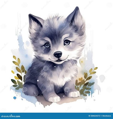 Cute Watercolor Illustration of Baby Grey Wolf Cub Stock Illustration ...