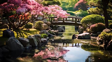 Un jardín japonés con un puente y un jardín japonés al fondo Foto