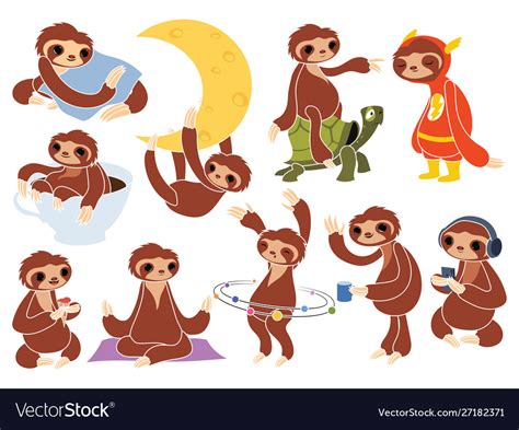 Set Cartoon Sloths Collection Cute Sloths Vector Image