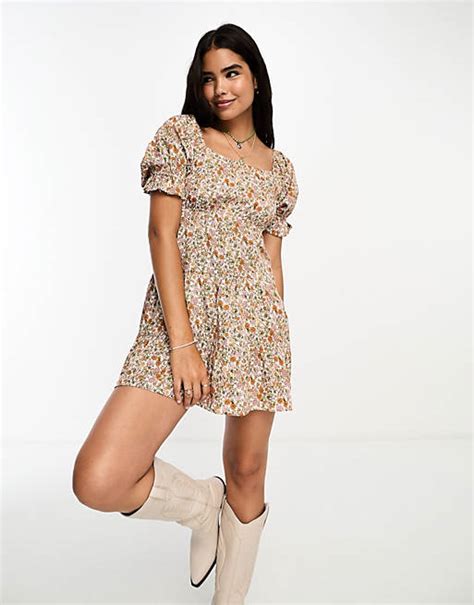 Wednesdays Girl Floral Print Puff Sleeve Mini Smock Dress In Multi Asos