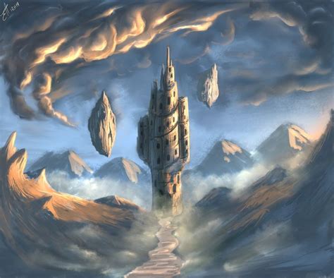 Art Drawing Magic Tower Sky Clouds Glow Light Shine Mountain Mist Blue