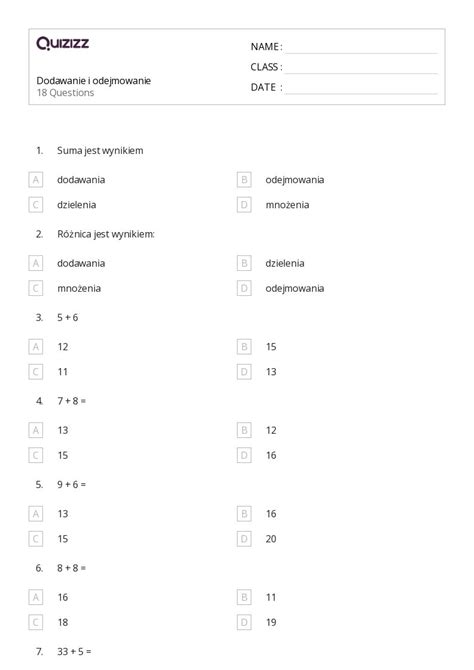 Ponad Dodawanie Arkuszy Roboczych Dla Klasa W Quizizz Darmowe I