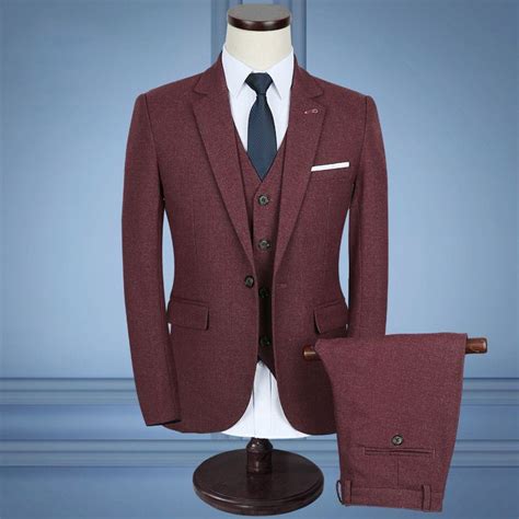 Burgundy 3 Pieces Herringbone Tweed Men Suit Best Men Formal Wedding