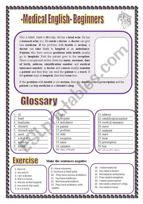 Medical English For Beginners Glossary A Text Exercises Esl