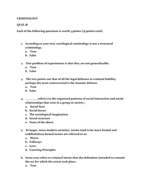 Criminology Quiz 1b Each Of The Following Questions Is Worth 3