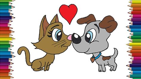 Dog and cat in love and kiss drawing - How to draw cartoon dog and cat ...