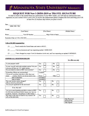 Fillable Online Mnsu REQUEST FOR New I 20 DS 2019 Or TRAVEL SIGNATURE