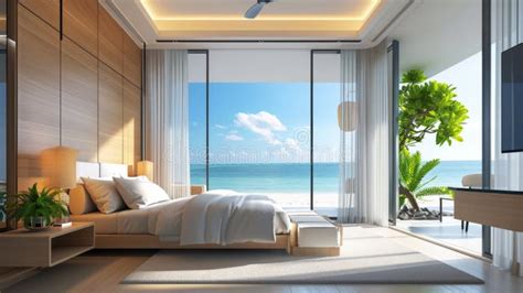 Luxury Beachfront Bedroom with Panoramic View of the Ocean Stock Illustration - Illustration of ...