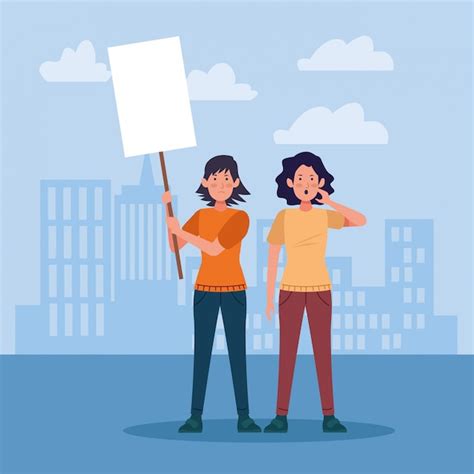 Premium Vector Cartoon Women Protesting Holding A Blank Sign