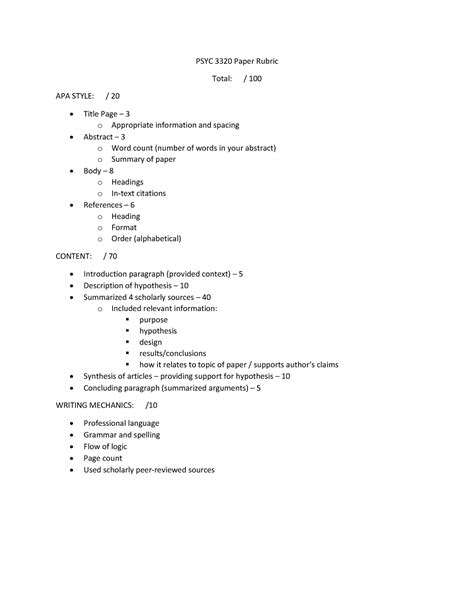 PSYC 3320 Research Paper Rubric PSYC 3320 Paper Rubric Total 100