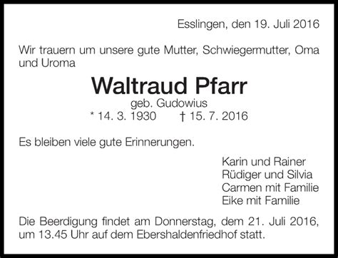 Traueranzeigen Von Waltraud Pfarr Zeit Des Gedenkens De