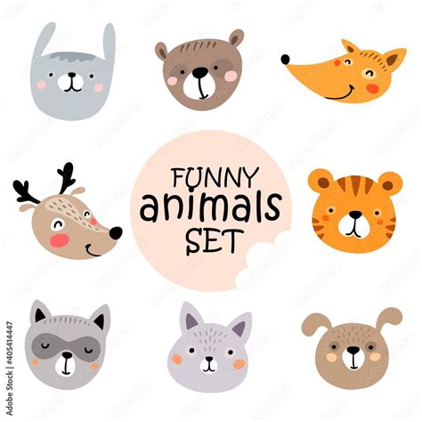 Funny cartoon hand drawn animal faces, tiger, bear, fox, cat, dog, deer ...