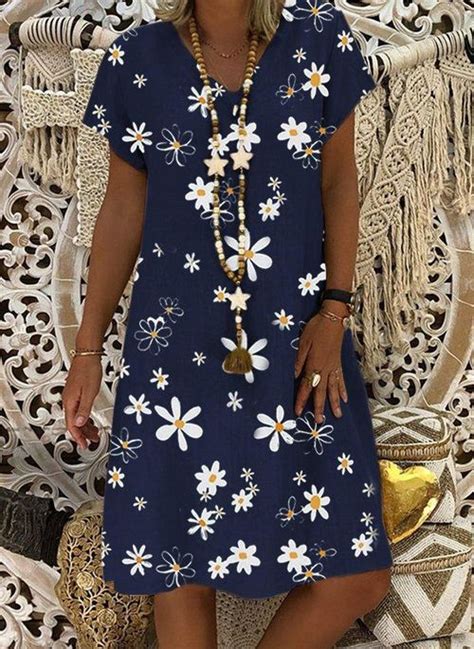 Floral Tunic V Neckline Knee Length A Line Dress Fashiondantel