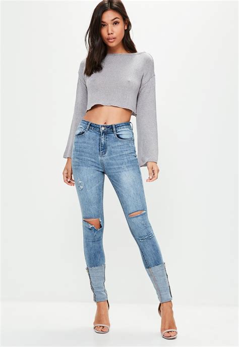 Missguided Blue Sinner High Waisted Turn Up Skinny Jeans Shop High