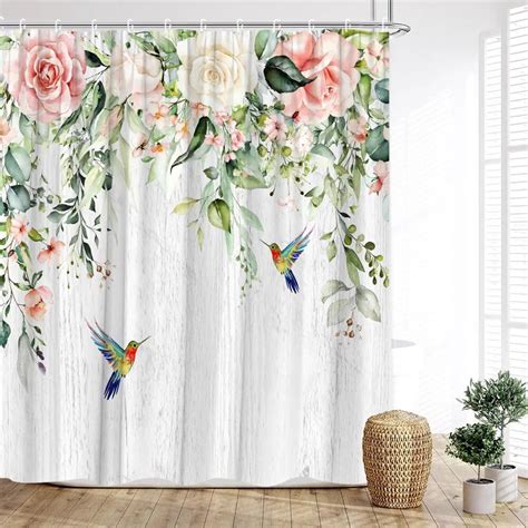 Spring Flower Shower Curtain Watercolor Botanical Green Leaf Farm