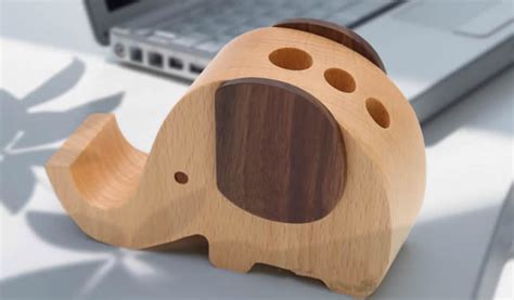 Wooden Elephant Shaped Pen Holder Mobile Phone Display Stand Feelgift