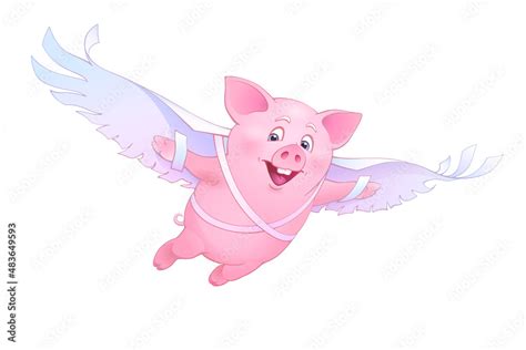 Flying Pig Cartoon Painting Of Idiom When Pigs Fly Pink Piggy