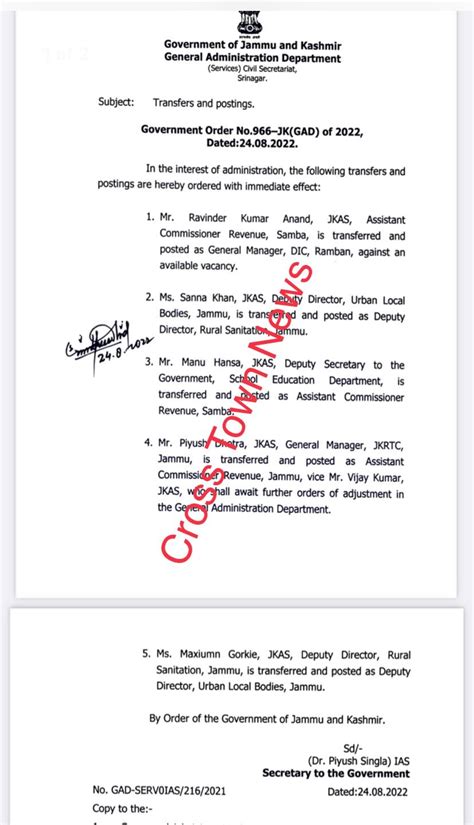 J K Govt Orders Transfers And Postings Of 5 JKAS Officers Piyush ACR