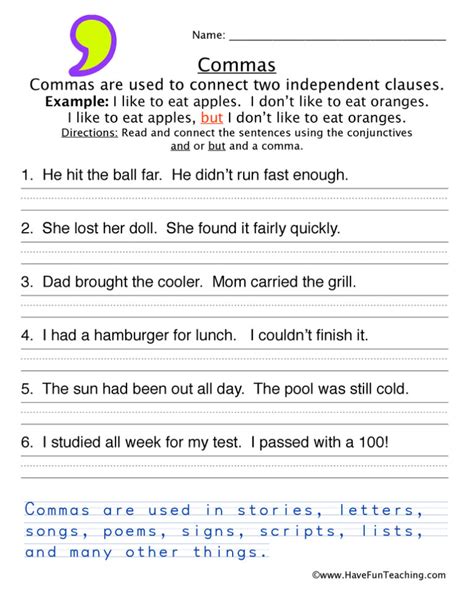 Independent Clauses Comma Worksheet Have Fun Teaching