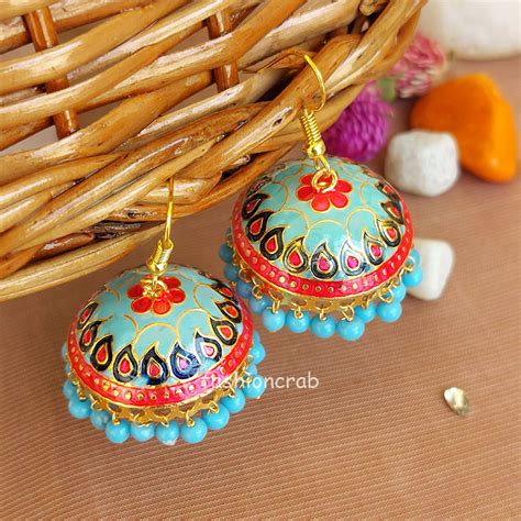 Traditional Pearl Jhumka Earrings Turquoise Blue FashionCrab