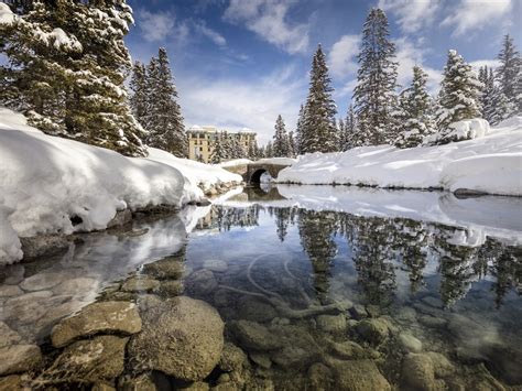 Wallpaper Winter Snow River Stones Bridge Trees Houses X