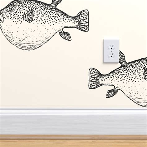 Puffer Fish Wallpaper Black Pufferfish Cream Large Scale by - Etsy