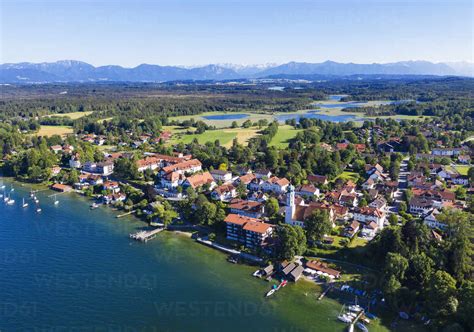 Germany Bavaria Seeshaupt Aerial View Of Lakeshore Town With