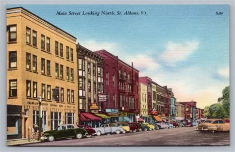 ST ALBANS VERMONT Main Street View Antique Classic Cars Signs Postcard