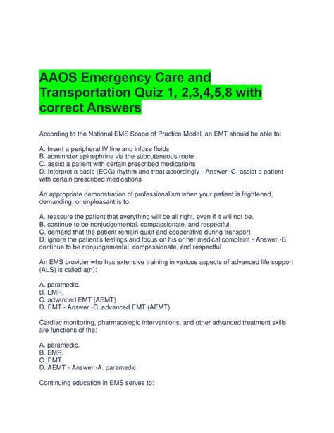Aaos Emergency Care And Treatment Of The Sick And Injured 7th Edition Student Workbook Based On Revised Emt B Dot Curriculum Includes Self Assessment And Answer Key 6