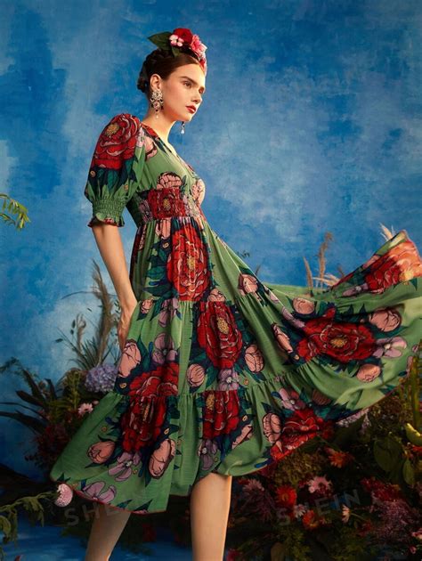 Frida Kahlo X Shein X Designer Leslie Samano Floral Print Puff Sleeve