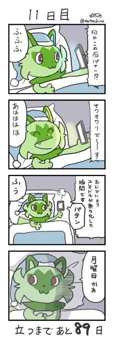 ニャオハ「「100日後に立つネコ」 11日目 ニャオハ立つな 」もたちのの漫画